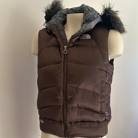 The North Face Dark Brown Puffer Vest with Fur Hood And omens small 550